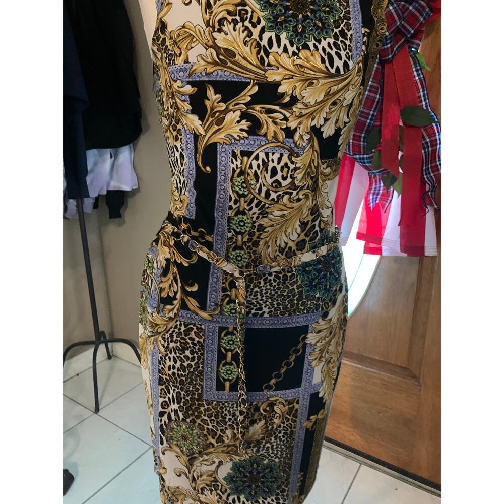 CACHE Y2K SHEATH W/CHAIN BELT BAROQUE GOLD/BLACK PRINT LINED ABOVE KNEE SZ10 10 - Picture 6 of 6